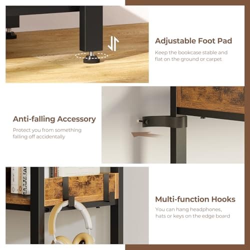 Rolanstar Industrial Wide Bookshelf with Metal Frame, Rustic Brown, 4 Tiers + 4 Hooks
