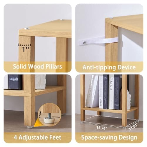 66in Tall Narrow Bookshelf with Storage, Farmhouse Style, Wood Display Shelf for Living Room, Natural Wood