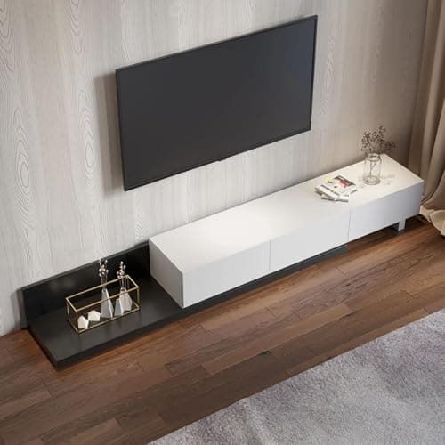 Homary White & Walnut Extendable TV Stand with Shelves & Drawers