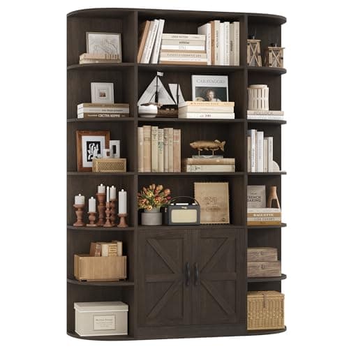 75" Tall BOOK SHELF & BOOKCASE, 6 Tier Storage, 47" Wide with Doors, Dark Brown Wood Shelves, Home Office Cabinet