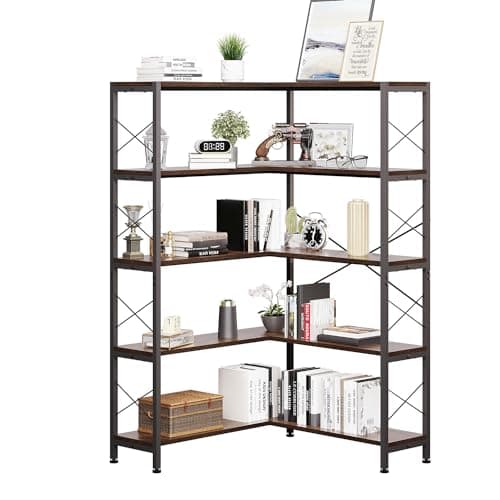 Industrial 5-Tier L-Shaped Bookcase with Metal Frame for Living Room and Office