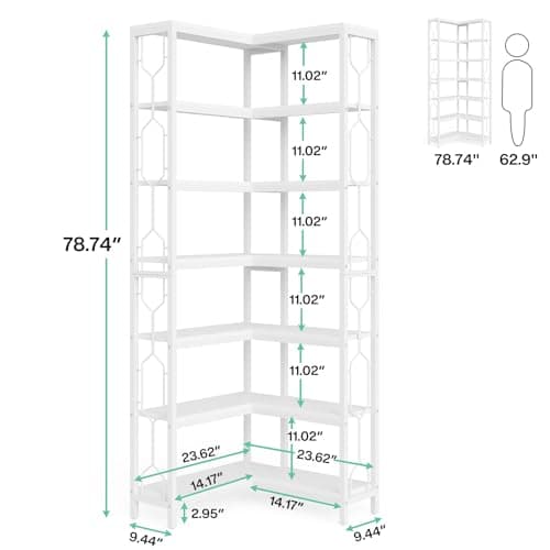 Tribesigns 7-Tier Industrial White Wood & Metal Corner Bookshelf