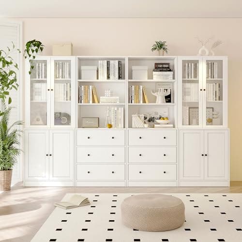 TUSY 71" 3-Tier Modern Bookshelf with 3 Drawers & 5-Tier Shelves, Wood & Glass Doors Home Office
