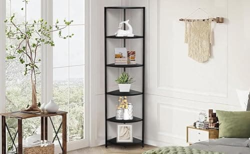 Industrial 6 Tier Corner Shelf: 63.1 Tall Rustic Bookcase for Living Room or Bedroom