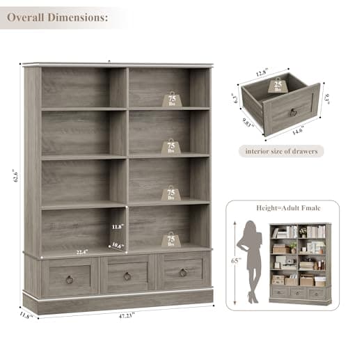 HOSTACK Farmhouse 47" Wide Bookcase with Drawers & 5 Tier Shelves, 63" Tall Storage UnitAsh Grey