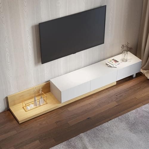 Homary White & Walnut Extendable TV Stand with Shelves & Drawers