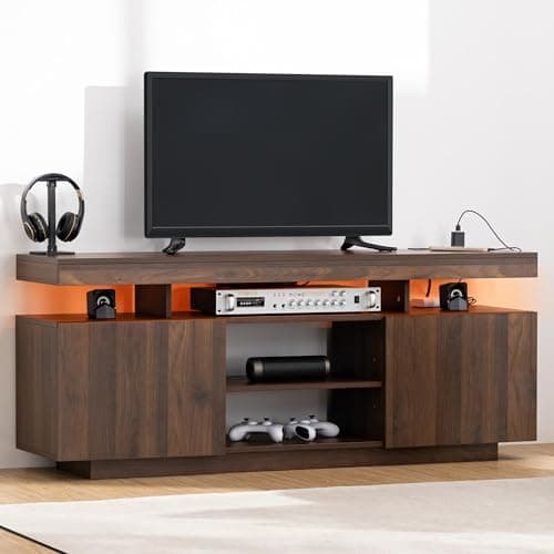 HOMMPA Walnut TV Stand with Power Outlets for 70/65/60/55-inch TVs Gaming Center with Storage
