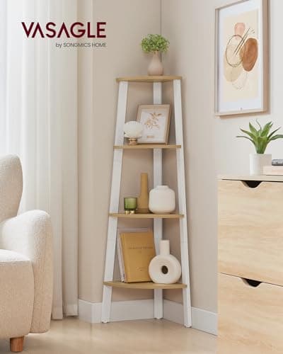 4-Tier Industrial Corner Shelf Stand for Living Room, Office, Kitchen - Natural Oak and Matte White