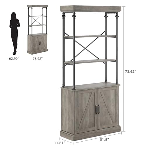 IDEALHOUSE Tall Bookshelf with Doors 73.62in Industrial Open Rack Shelf Wood & Metal