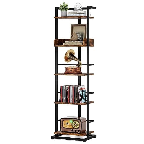 Rustic Brown 5 Tier Wood Bookshelf with Metal Edge Protection