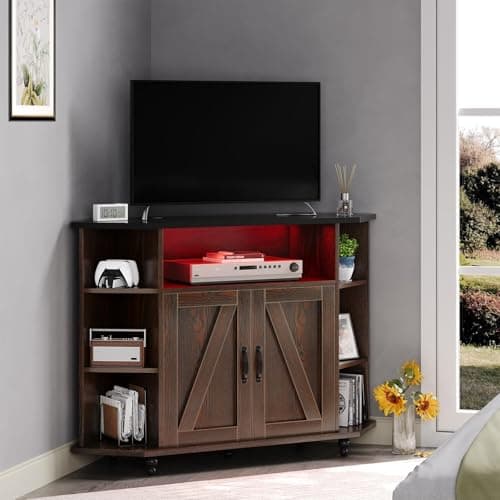4 EVER WINNER 55-Inch Corner TV Stand with LED Lights and Adjustable Shelves, Farmhouse Style with Barn Doors, White