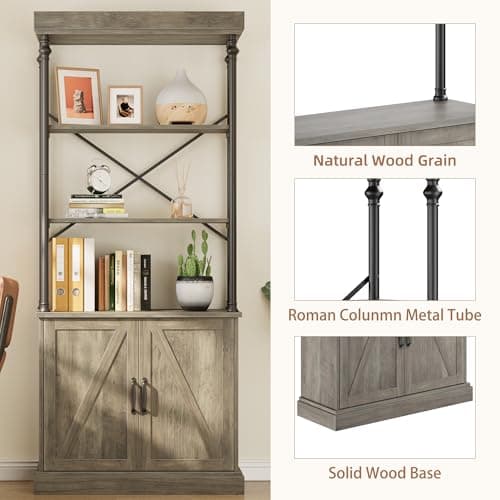 IDEALHOUSE Tall Bookshelf with Doors 73.62in Industrial Open Rack Shelf Wood & Metal