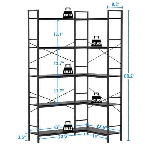 Black 5-Tier L-Shaped Corner Bookshelf with Open Storage