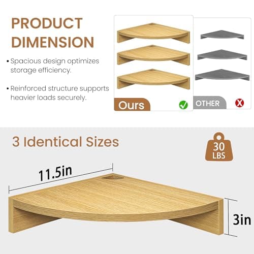 Oak Wood 3-Pack Corner Wall Shelves for Any Room