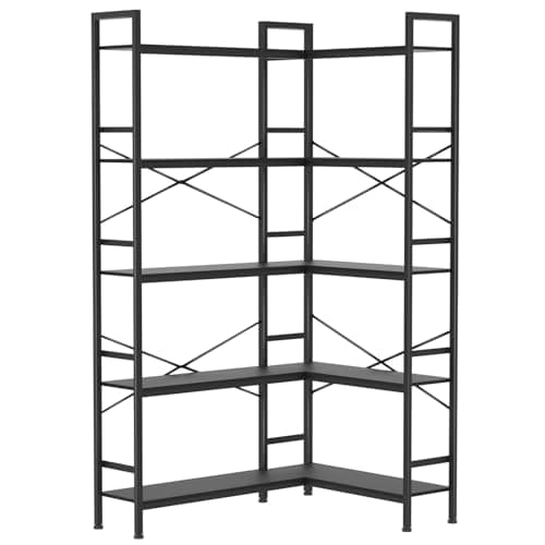 Black 5-Tier L-Shaped Corner Bookshelf with Open Storage