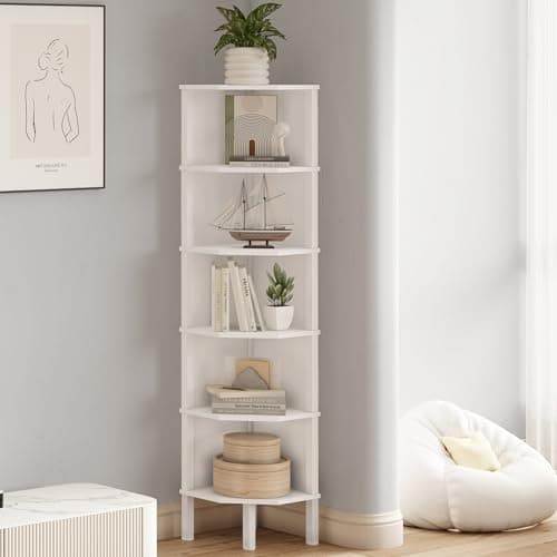 Wooden Corner Shelf for Small Spaces - White (6 Tier)