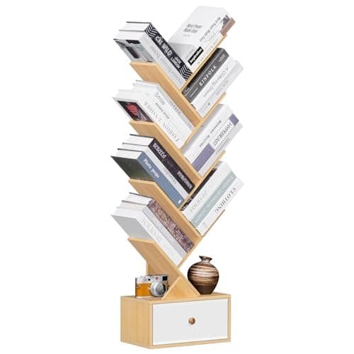Natural 8-Tier Standing Wood Bookshelf with Drawer for Narrow Spaces