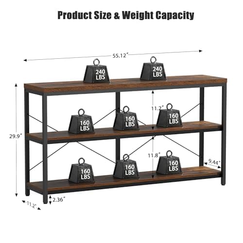 Semoic 3-Tier Industrial Wood Bookshelf, Brown Metal Frame, Living Room & Study Storage Organizer