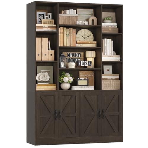 75" Tall BOOKSHELF with Storage, 47" Wide, 4 Doors, Dark Brown, Modern Farmhouse