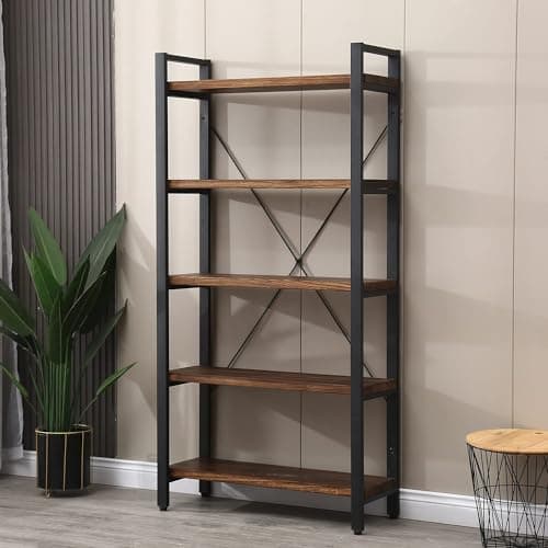 Vintage Industrial 5-Tier Bookcase, Real Wood and Metal (5-Tiers)