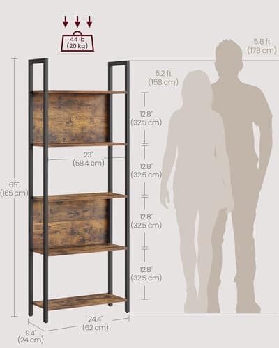 VASAGLE 5-Tier Industrial Bookshelf, Steel Frame, Rustic Brown and Black, 9.4 x 24.4 x 65 Inches