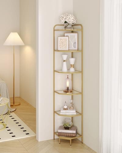 Modern 6-Tier Steel & Tempered Glass Corner Shelf Stand, CS90600G