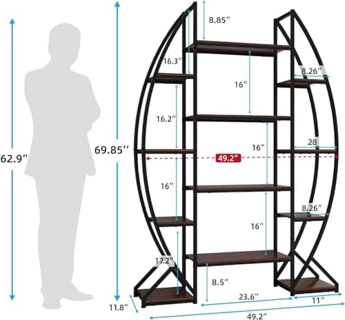 70" Tall Large Oval Bookshelf, 5 Tier Industrial Etagere Furniture