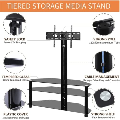 3-Tier Adjustable Tempered Glass TV Stand with Cable Management for 32-65 Inch Flat & Curved TVs