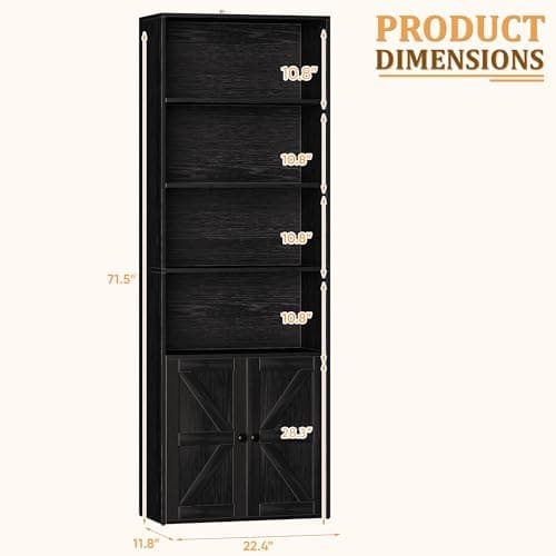Furniwell Black Industrial Bookshelf with Doors for Home Office and Bedroom