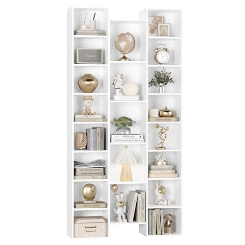 Fotosok 71” Tall Triple Wide White Bookshelf, 8 Tier Storage Tower, Home Office Display Cabinet