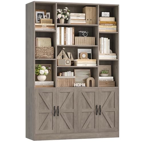 75" Tall BOOKSHELF with Storage, 47" Wide, 4 Doors, Dark Brown, Modern Farmhouse