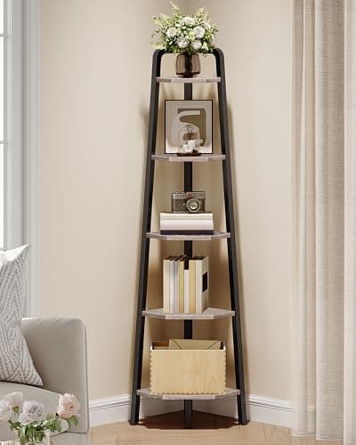 5-Tier Ladder Corner Shelf, 59.6" Tall, Rustic Brown and Black TCJ20BF