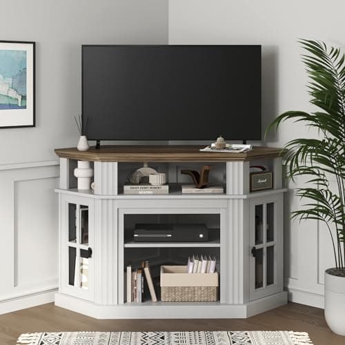 Corner Fireplace TV Stand for TVs up to 55 with Storage Cabinets, Entertainment Center, White＆Rustic Design