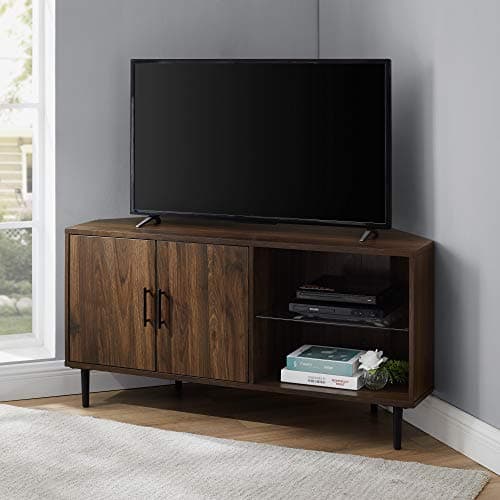 Walker Edison Dark Walnut 2 Door Glass Shelf TV Stand, Fits up to 55" TVs