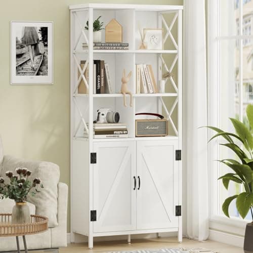 FATORRI Rustic Oak Tall Bookshelf with Doors, 67" Industrial Farmhouse Storage Organizer