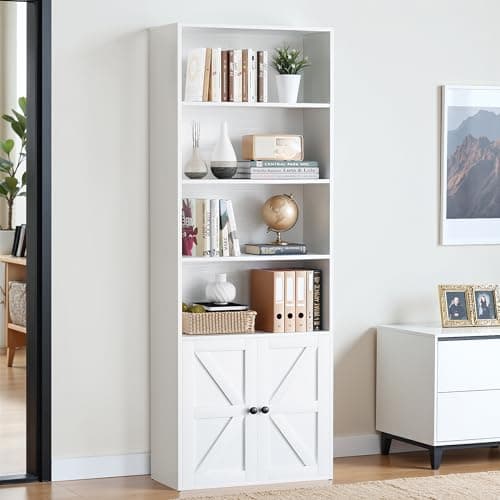 YESHOMY 72" Tall Bookshelf with Doors & 6-Tier Storage, White
