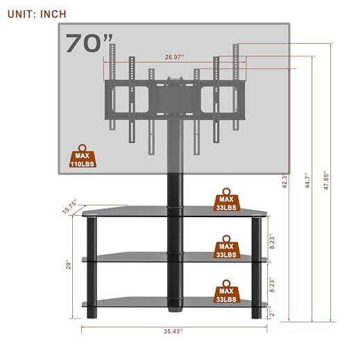 Heavy Duty Swivel Corner TV Stand with 3 Shelves & Cable Management