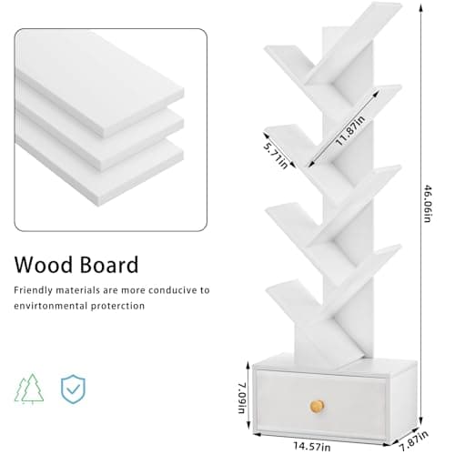 White 8-Tier Tree Bookshelf with Drawer, Free-Standing Wood Bookcase