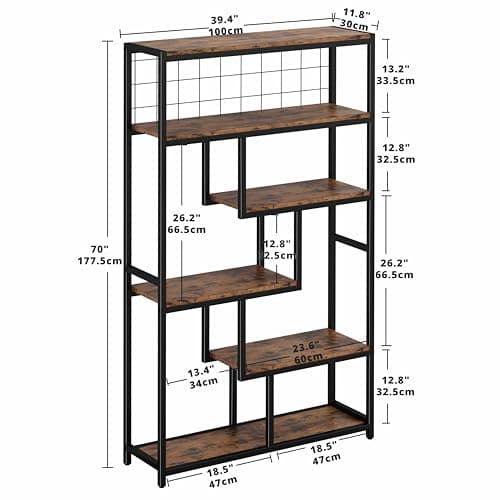 IRONCK 6-Tier Industrial Etagere Bookshelves, Heavy Duty Vintage Brown Living Room & Office Storage