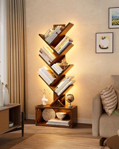 Rustic Brown 6-Tier LED Bookshelf with Music Sync & Remote Control