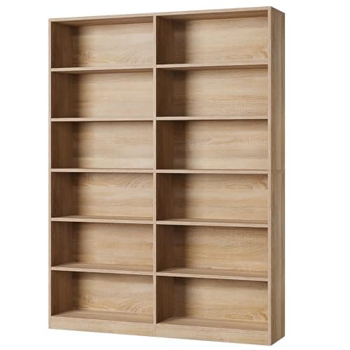 Double Wide 6-Tier Bookshelf, Tall Display Storage, Light Oak Home Decor