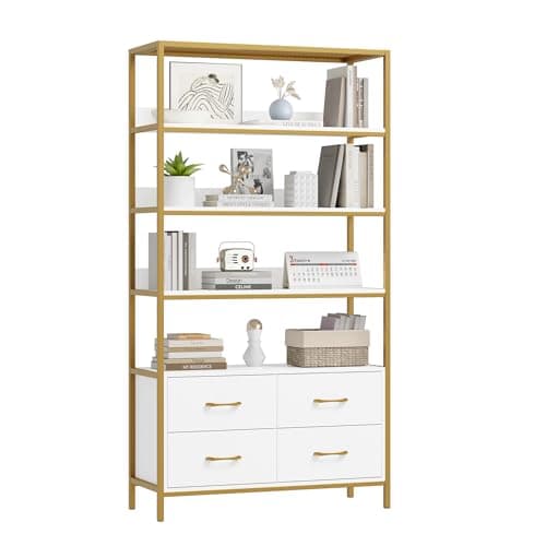 HITHOS 5 Tier Modern Wood Bookshelf with Drawers, 71" Tall Storage Cabinet