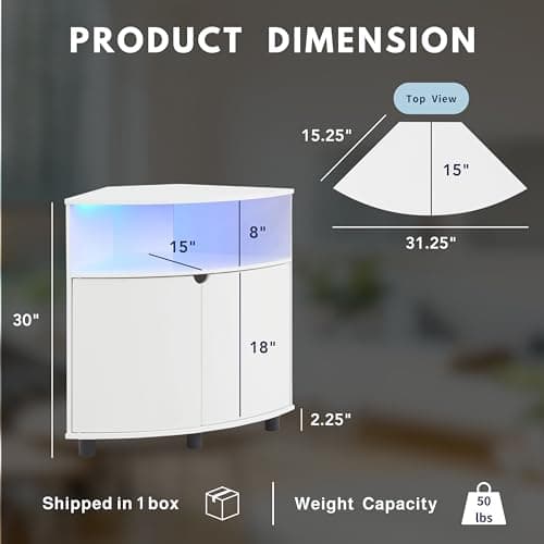 Berg Modern 31-inch LED Corner Cabinet, 16 Colors, USB Charge, White TV Stand