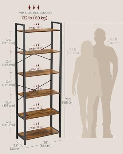 VASAGLE 6-Tier Industrial Bookshelf, Rustic Brown and Ink Black ULLS062B01