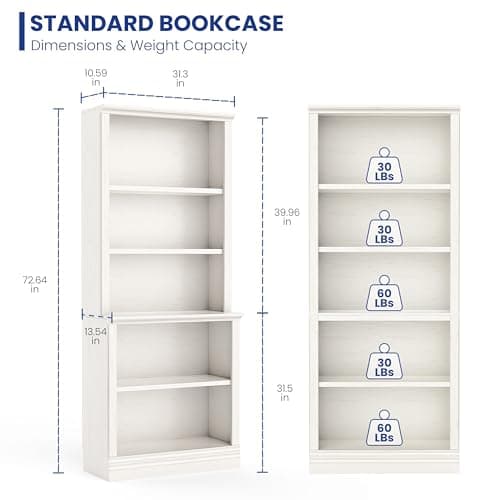 Tall Cream White 31.3 in Wide 5 Tier Floor Standing Bookcase