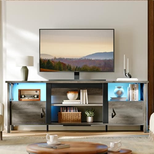 Bestier 63" Grey Wash Farmhouse TV Stand with LED Lights and Storage