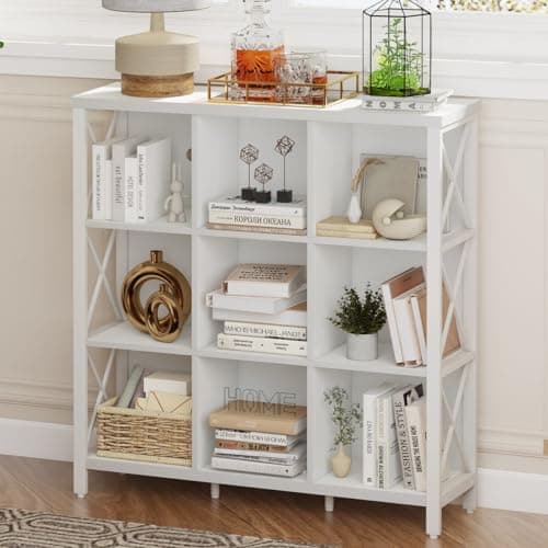 FATORRI 9 Cube Storage Bookshelf, Walnut Brown, Modern 4-Shelf Home Office