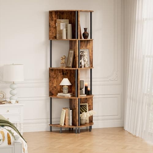 HOOBRO Rustic Brown 5-Tier Corner Shelf Stand, Tall Plant & Book Display
