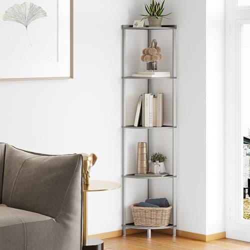 SUNMORY 5-Tier Corner Shelf Stand, Industrial 65" Living Room Display Organizer