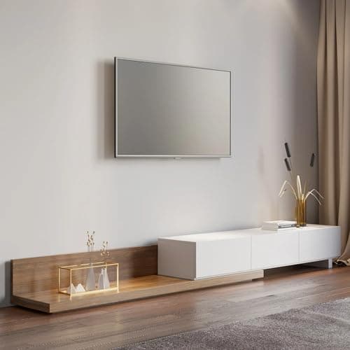 Homary White & Walnut Extendable TV Stand with Shelves & Drawers
